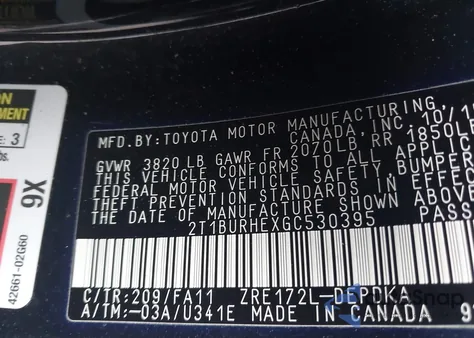 2016 Toyota Corolla L из США, поврежденный, VIN 2T1BURHEXGC530395